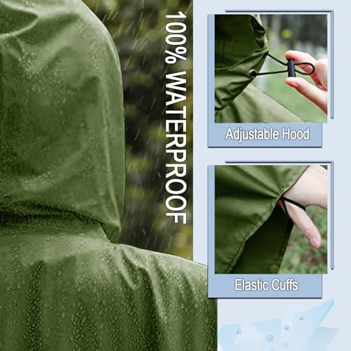 Fashion Hooded Rain Poncho Waterproof Raincoat Jacket with pocket for Women/Men/Adult - color: Army Green
