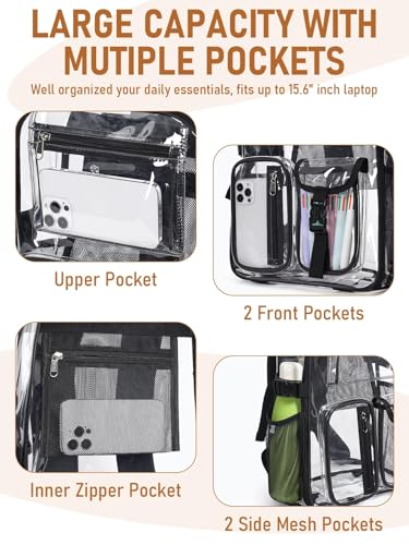 Clear Backpack Heavy Duty for Women Men Boys Girls, Large Clear Bookbag See Through Backpack for School College - color: 13-5#black+pouch-no Reflective Strips