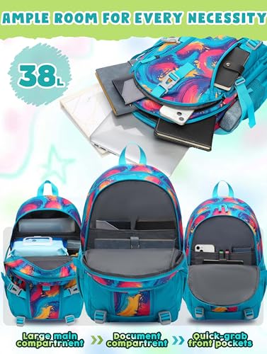 BLUEFAIRY High School Backpack for Girls Boys Middle School Bookbag for Kids Back to School Bag for College with Large Compartment Casual Daypack Mochilas para Niñas Adolescentes 18" Tie Dye Teal - color: Teal