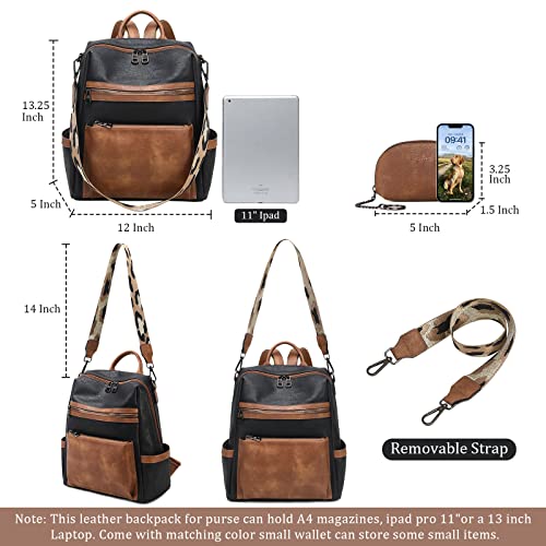 AGLOD Leather Backpack Purse for Women Designer Ladies Shoulder Bag Fashion Faux Work Travel Handbags - color: Kcus22001-black-brown