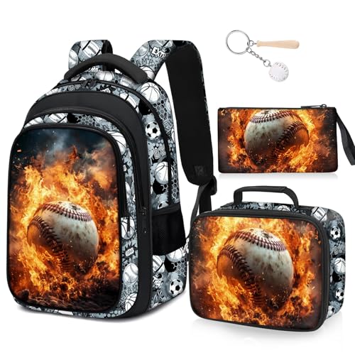 School Backpack for Boys - 4pcs Baseball Boys Backpack with Lunch Box Set for Kids Children Teens Elementary Middle School - 17″ Sport Bookbag Travel Back Pack for Age 6-18 - color: Baseball Backpack02 Set