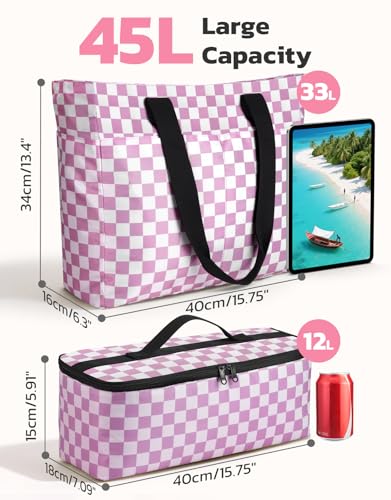 ISEYOU Beach Bag and Cooler Bag Set, 45L Waterproof XXL Foldable Tote with Zipper, 8 Pockets for Pool, Picnic, Travel - color: Pink