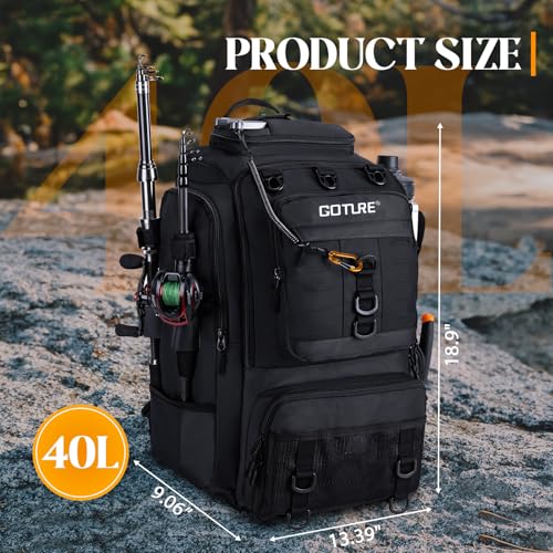 Goture 40L Fishing Tackle Backpack with Cooler Compartment Black, Water-Resistant Fishing Gear Bag & Rain Cover & 3600 Trays - color: Black, size: C - Includes 2 3600 trays with handles