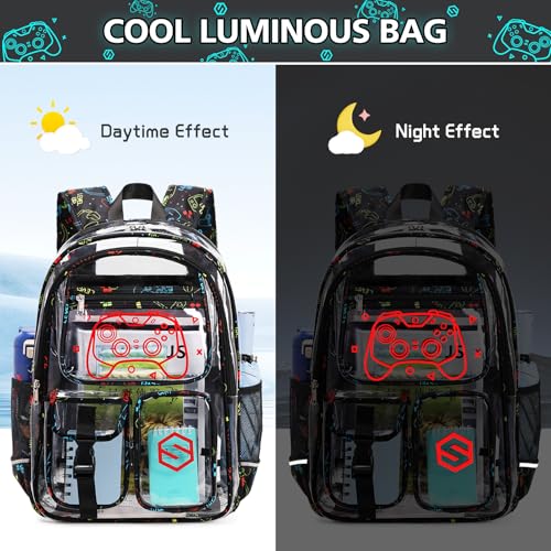 DIGOBAY 3PCS Cool Luminous Clear Backpack for Boys Kids, Gamer Clear Bookbag for School, See Through PVC Transparent Backpacks with Lunch Bag Pencil Case, Backpack Heavy Duty for School Stadium - color: Red