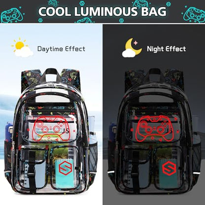 DIGOBAY 3PCS Cool Luminous Clear Backpack for Boys Kids, Gamer Clear Bookbag for School, See Through PVC Transparent Backpacks with Lunch Bag Pencil Case, Backpack Heavy Duty for School Stadium - color: Red