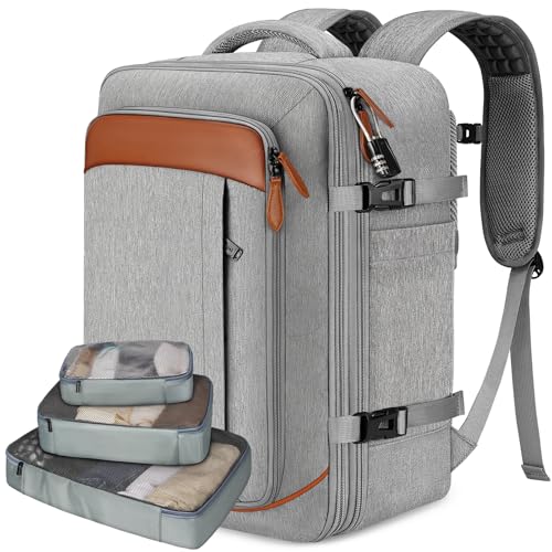 Vancropak Carry on Backpack, Flight Approved 18x14x8 Travel Backpack with 3 Packing Cubes, Expandable Large 40L Travel Bag fits 17.3" Laptop, Anti Theft Luggage Suitcase Weekend for Women Men, Grey - color: Grey