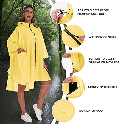PTEROMY Hooded Rain Poncho for Adult with Pocket and Zipper, Waterproof Lightweight Raincoat for Men and Women - color: Yellow