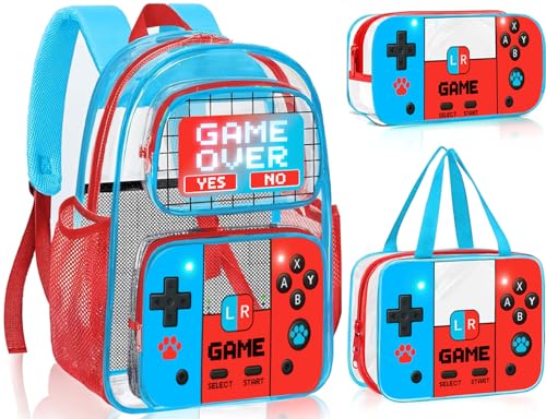 SHPMXUPW 3PCS Clear Backpack for School - Gamer Kids Clear Backpacks for Boys and Girls, Heavy Duty Transparent Bookbag with Lunch Bag and Pencil Case - See Through PVC Transparent Bookbag - color: Blue-Game over