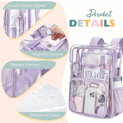 mommore Clear Backpack for Girls Heavy Duty Transparent Bookbag for School PVC See Through Backpack Clear Bag - color: Purple, style: Clear Backpack