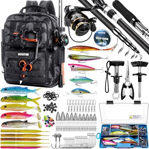 Fishing Backpack with Tackle Boxes and Rod Holders, Fishing Bag with Fishing Lure Kit Water-resistant Sling Tackle Bag Store Gear and Equipment, Bait Gifts for Men Woman Anglers-Black Camo Backpack - color: Black
