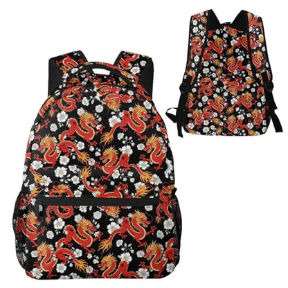 Water Resistant Casual Backpack Japanese Chinese Dragon Flower Black Floral, Hiking Daypack with Side Mesh Pockets for Men Women and Outdoor Activities - color: Pattern (233)