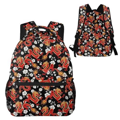 Water Resistant Casual Backpack Japanese Chinese Dragon Flower Black Floral, Hiking Daypack with Side Mesh Pockets for Men Women and Outdoor Activities - color: Pattern (233)