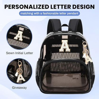 PIG PIG GIRL Clear Backpacks for Stadium Events Approved 12×6×12 Clear Bookbag for Women Mini Transparent Letter Back Pack, Semi-black, Letter-A - color: Semi Black, style: A