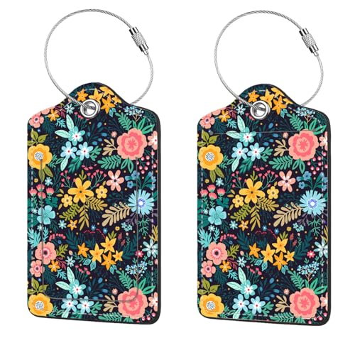 2 Pcs Luggage Tags for Suitcase, Cute Unique PU Leather Travel Bag Tag with Privacy Cover ID Label Address Card and Durable Metal Ring Suitable for Men Women Children Backpack,Colorful Flowers A - color: Colorful Flowers a
