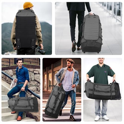 85L 29“ Foldable Rolling Backpack with Wheels, Soft-side Travel Duffle Bag with Separate Shoe Compartment, Full Quilted Bottom, Grey - color: Grey