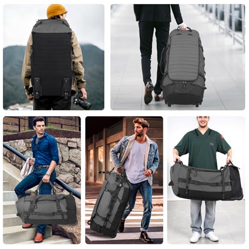 85L 29“ Foldable Rolling Backpack with Wheels, Soft-side Travel Duffle Bag with Separate Shoe Compartment, Full Quilted Bottom, Grey - color: Grey