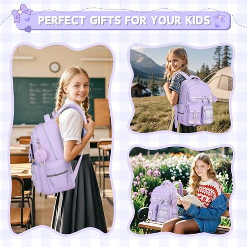 MOONBABY Girls Backpack, Kids Backpack for Girls School Bags with Pen Case, Bow Plaid Book Bag for Elementary Middle Primary High School College, Purple-2pcs - color: Purple