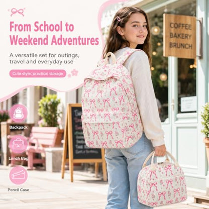 BTOOP School Backpacks for Teen Girls Bookbags Lightweight Kids Backpack School Bags Set with Lunch Box Pencil Case - color: Pink Bow Beige-285
