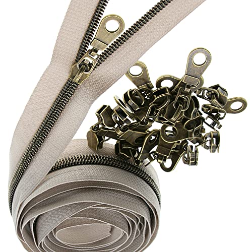 #5 Antique Brass Metallic Nylon Coil Zippers by The Yard Bulk Beige Tape 10 Yards with 25Pcs Pulls for DIY Sewing Craft Bags YIGUANXIN - color: Beige-Brass