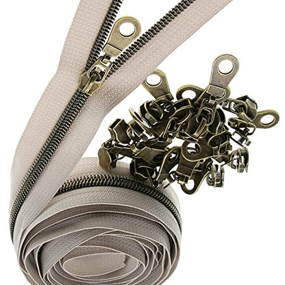 #5 Antique Brass Metallic Nylon Coil Zippers by The Yard Bulk Beige Tape 10 Yards with 25Pcs Pulls for DIY Sewing Craft Bags YIGUANXIN - color: Beige-Brass