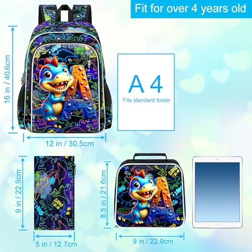 16" Dinosaur Backpack, 3Pcs Boys Bookbag with Lunch Box, Kids School Backpacks Set for Elementary Preschool Kindergarten (Balck) - color: Dinosaur Black