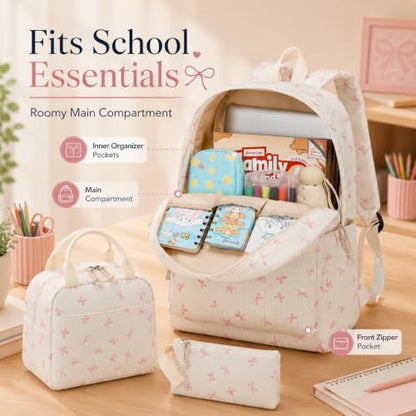 Bluboon School Backpack Set Girls Womens Laptop Bookbag Casual Daypack Fits 15 inch Laptop with Lunch Tote Bag and Pencil Bag - color: Pink Bow Polka Dot Beige