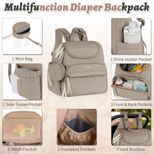 Diaper Bag Backpack, 22L Large Quilted Small Baby Bag with Changing Pad & Pacifier Case, Stroller Hooks, Easy-Access Baby Essential, Maternity Travel Backpack Unisex, Brown - color: Brown, size: Small