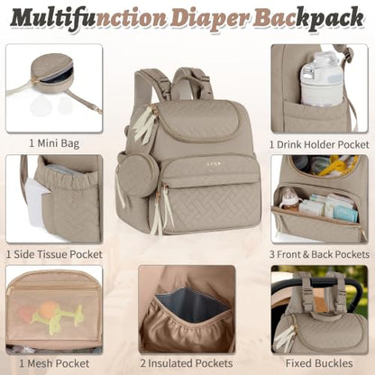 Diaper Bag Backpack, 22L Large Quilted Small Baby Bag with Changing Pad & Pacifier Case, Stroller Hooks, Easy-Access Baby Essential, Maternity Travel Backpack Unisex, Brown - color: Brown, size: Small