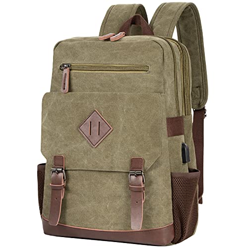 Modoker Eco-Friendly Vintage Backpack for Men Women, Canvas Bookpack Fits Most 15.6 Inches Computer and Tablets, Rucksack Backpack with USB Charging Port, Army Green - color: Army Green