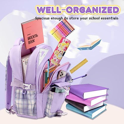 PIG PIG GIRL Girls Backpack, Lightweight Kids Backpack Kawaii School Backpacks Bookbag for Primary Elementary School,Age 6-14 years,Purple(Luggage Strap Ver) - color: 1pc-purple(luggage Strap Ver)