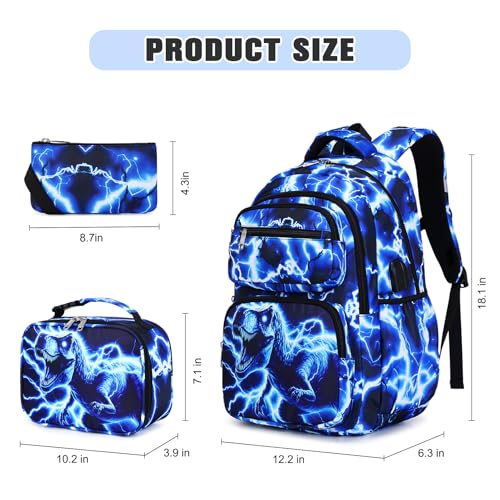 Bevalsa Backpack for Boys, Lightning School Bags with Lunch Bag & Pen Case for Kids, Bookbag for Boys Teens Elementary Middle High School - color: Blue Dinosaur