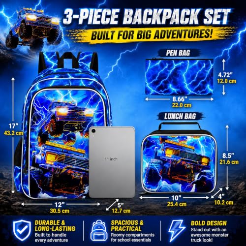 17" Truck Backpack for Boy, 3Pcs Lightning Bookbag for Elementary Preschool Kindergarten, Kids School Thunder Backpacks with Lunch Box (Blue) - color: Turck Blue