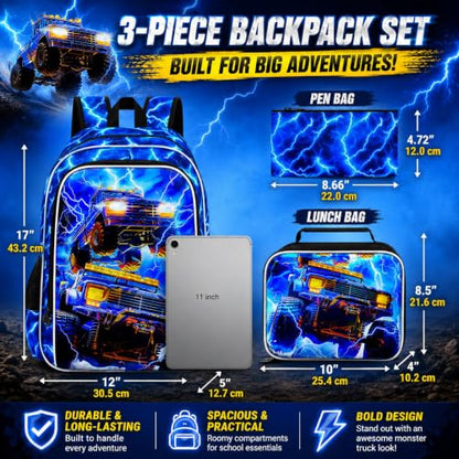 17" Truck Backpack for Boy, 3Pcs Lightning Bookbag for Elementary Preschool Kindergarten, Kids School Thunder Backpacks with Lunch Box (Blue) - color: Turck Blue
