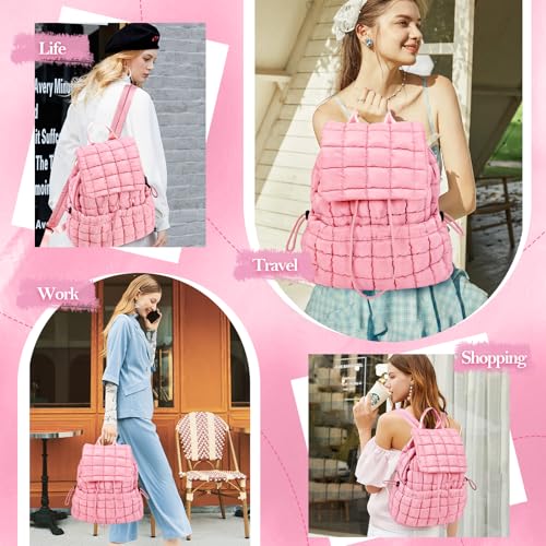Quilted Puffer Backpack for Women Lightweight Soft Puffy Backpack Purse Casual Daily Drawstring Flap Daypack (Pink) - color: Pink