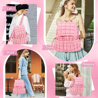 Quilted Puffer Backpack for Women Lightweight Soft Puffy Backpack Purse Casual Daily Drawstring Flap Daypack (Pink) - color: Pink