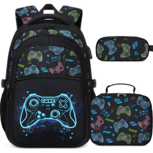 DIGOBAY Boys Backpack for School, 3PCS Cool Luminous Gamer Backpack for Boys with Lunch Box Pencil Case, Kids Backpacks Bookbag for Teen Boy Elementary Middle High School with USB Charging Port - color: Colored-gaming