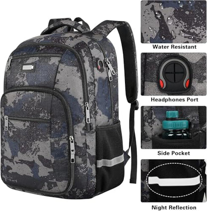 Jiefeike Laptop Backpack for Men, Extra Large Travel Backpack TSA Friendly Anti Theft Water-Resistant Bag Daypack for Work, Daily Computer Bookbag Fits 17 Inch Laptop Backpack - color: Camo-grey