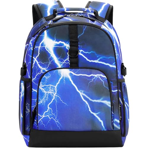 Choco Mocha Lightning Backpack for Kids Boys, Elementary School Backpack for Boys Ages 6-8 Kids Bookbag 17 Inch with Chest Strap, Blue - color: Lightning-blue