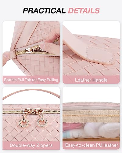 BAGSMART Makeup Bag, Travel Cosmetic Bag Organizer, PU Leather Water-Resistant Pouch, Open Flat Makeup Storage for Toiletries, Brushes, PU Leather Pink - color: 24-A-Pink