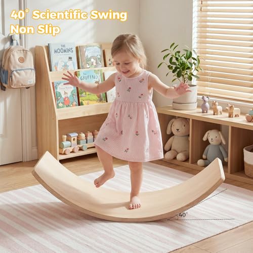 Gecheer 32 Inch Wooden Rocker Board for Kids and Adults – Balance Training, Sensory Integration, Seesaw & Yoga Prop – 300 lb Capacity