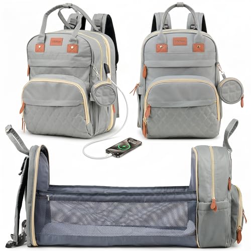 Diaper Bag Backpack with Changing Station | 600D Oxford Waterproof Baby Bag for Mom & Dad | Large Baby Diaper Bag Boy Girl | 16 Pockets, USB Charging Port, Foldable Pad - color: Grey