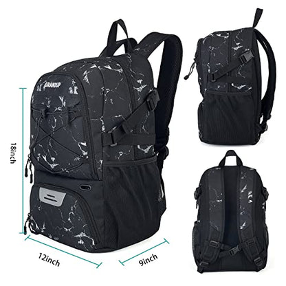 GRANDUP Basketball backpack with ball and shoes compartment Fit Volleyball, soccer, Swim, Gym, Travel, and School, large capacity sports training equipment bags - color: black marble