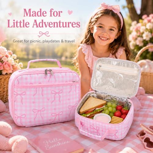 LEDAOU Lunch Box Kids Insulated Lunch Bag Girls Boys Toddler Reusable Lunchbox for School Picnic Hiking (Checkered-Pink Bow) - color: Checkered-Pink Bow
