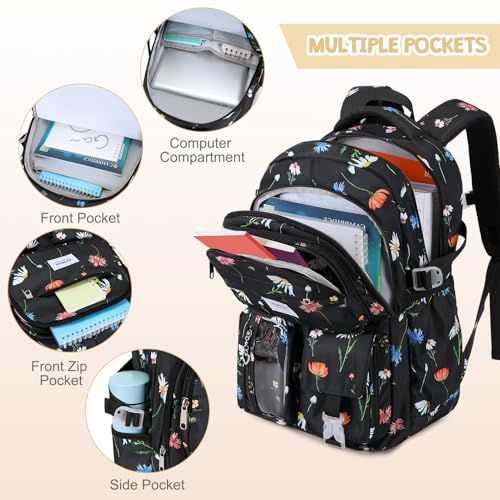ACESAK Backpack for Girls - Girls Backpack with Lunch Bag & Pencil Pouch for Teen Kids Laptop Backpack for Women, Elementary Middle High School Bookbag Travel Daypack (Black Flower) - color: Black Flower