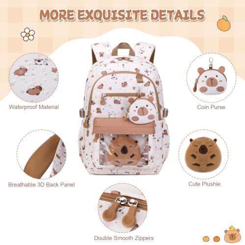 Capybara Theme Backpack for School Girls, 35PCS Kids Backpack Set with School Supplies Stationery Kit Lunch Box Pencil Case, Cute Girls Bookbag for Kindergarten Elementary Student - color: Beige