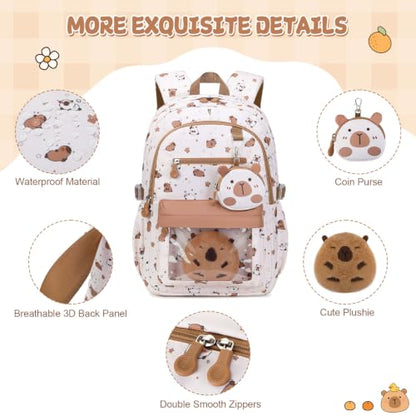 Capybara Theme Backpack for School Girls, 35PCS Kids Backpack Set with School Supplies Stationery Kit Lunch Box Pencil Case, Cute Girls Bookbag for Kindergarten Elementary Student - color: Beige