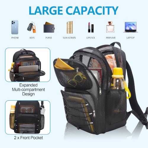 Paxiland Mesh Backpack Heavy Duty See Through Mesh Bookbag Large Backpack 19×14×9‘’ for School Travel Swimming Outdoor Sports Beach, Black Plus-40L - color: Black Plus-40l