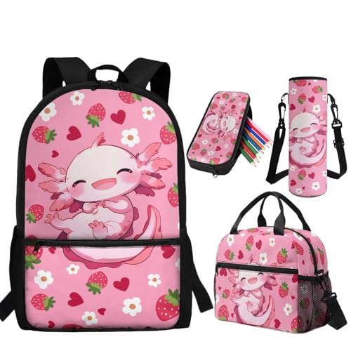 Strawberry Axolotl Backpack for Girls Kids Backpack with Lunch Box Pencil Case and Water Bottle Pouch 4PCS Set Cute Backpacks for Teen Girls Bookbag for Elementary Back to School Supplies - color: Axolotl Strawberry