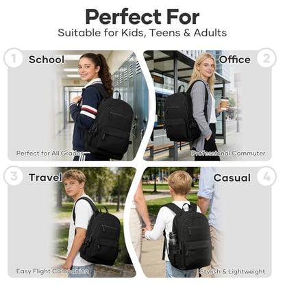 School Backpack for Girls Boys, 15.6 Inch Waterproof Travel Laptop Backpack for Women Men, Lightweight Durable College High School Book bag, Black