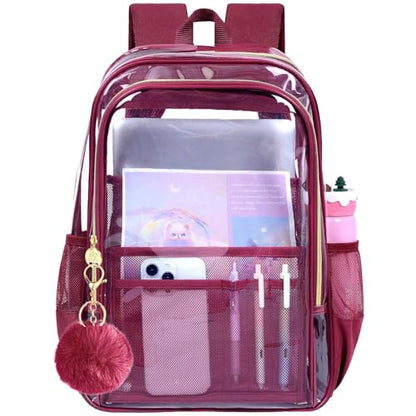 gxtvo Clear Backpack, Heavy Duty Transparent Bookbag, See Through Backpacks for Women Men | Heavy Duty - color: Chic Wine Red Clear Backpack